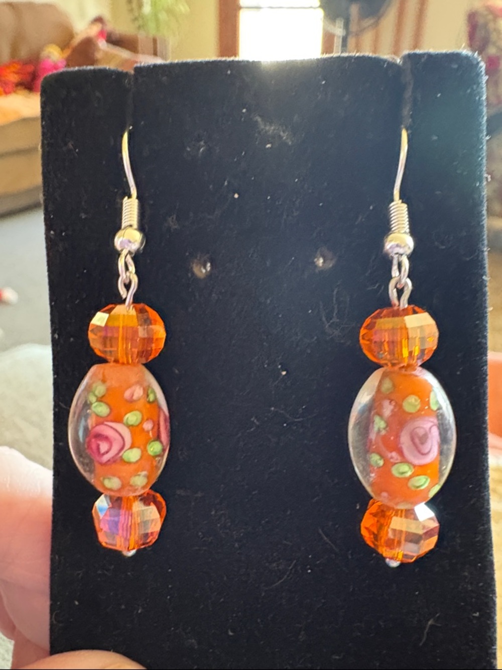 Hand Crafted Orange Floral Lampwork and AB Crystal Drop Earrings